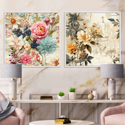 «Vintage Patchwork Floral Flightiness» - Ensemble de 2 collages carrés botaniques abstraits
