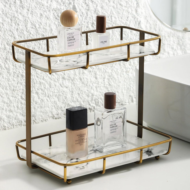 Organisateur de salle de bain - Comptoir de maquillage et de parfum à 2 niveaux avec cadre en acier inoxydable et plateaux à motif de marbre pour meuble-lavabo, commode ou cuisine