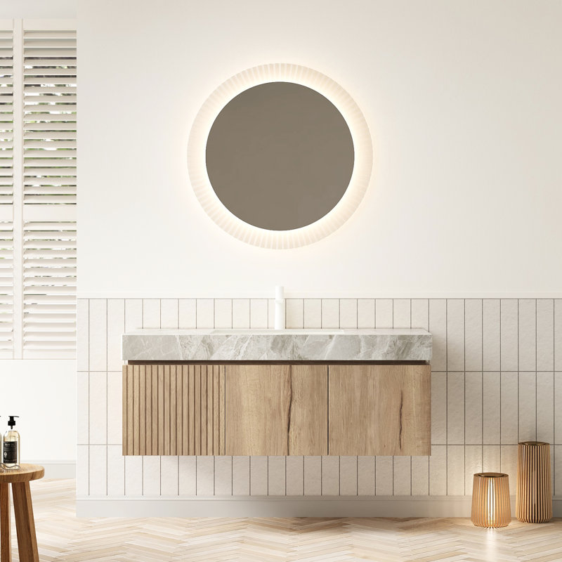Meuble-lavabo 48 po, rangement en contreplaqué flottant, 2 portes, 1 tiroir, comptoir en pierre frittée grise, style chêne blanc, style antidérapant, finition