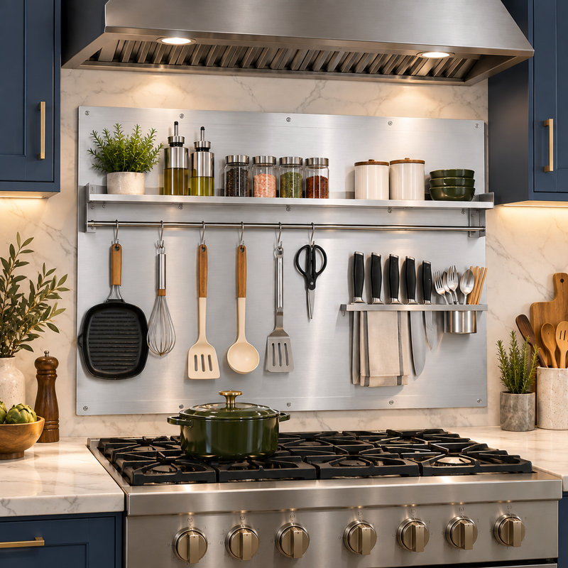 Dosseret de cuisine en acier inoxydable de 42 po x 30 po VENFAN avec tablette de rangement intégrée, porte-couteaux et crochets de suspension, pare-éclaboussures de poêle facile à nettoyer pour hottes de cuisine de 42 po