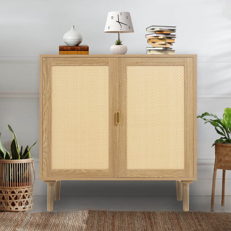 Mid-Century Accent Storage Cabinet with 2 Rattan Doors, Natural Wood Sideboard Buffet Cabinet with Adjustable Shelves, Modern Storage Furniture for Kitchen, Dining Room, Living Room or Entryway