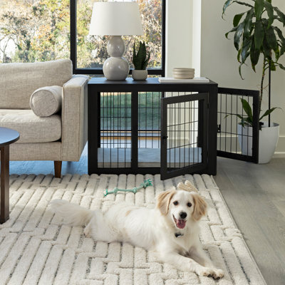 Caisse pour chien de style meuble PETMAker - Chenil en bois d'acacia avec portes doubles et coussin