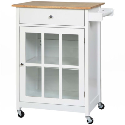 27" Rolling Kitchen Island Cart With Drawer And Glass Door Cabinet, Kitchen Trolley With Adjustable Shelf And Towel Rack