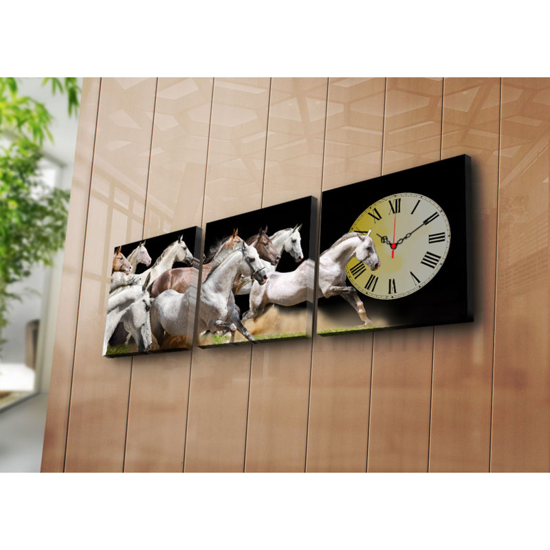 Ensemble de 3 horloges murales élégantes en toile, 35,4 x 11,0 pouces | 100% toile de suède avec cadre 100% bois, épaisseur: 1,2 po | Décoration élégante pour le salon, la chambre à coucher et le bureau
