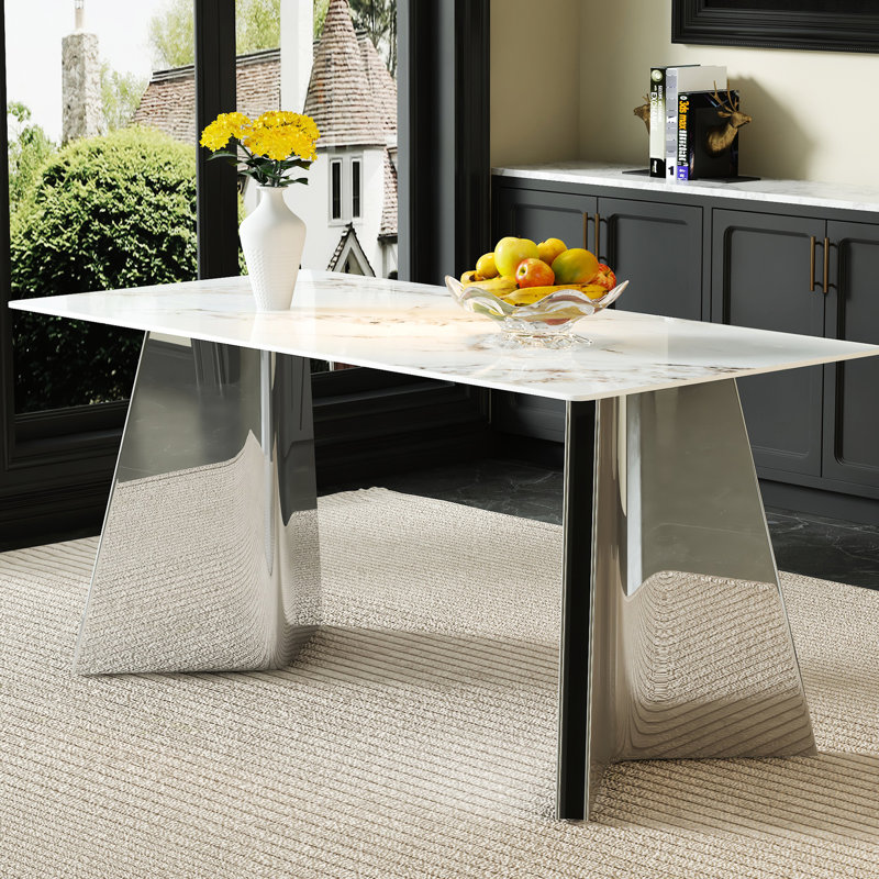 Table rectangulaire en pierre frittée de 63 po x 31,5 po x 30 po avec pieds en acier inoxydable argenté - facile d'entretien, table de salle à manger luxueuse et chaleureuse, facile à nettoyer et stable