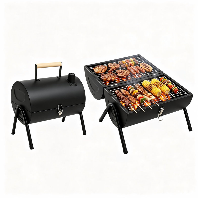 Barbecue au charbon de table à double face avec loquet de sécurité, gril portatif 2 en 1 et fumoir en noir