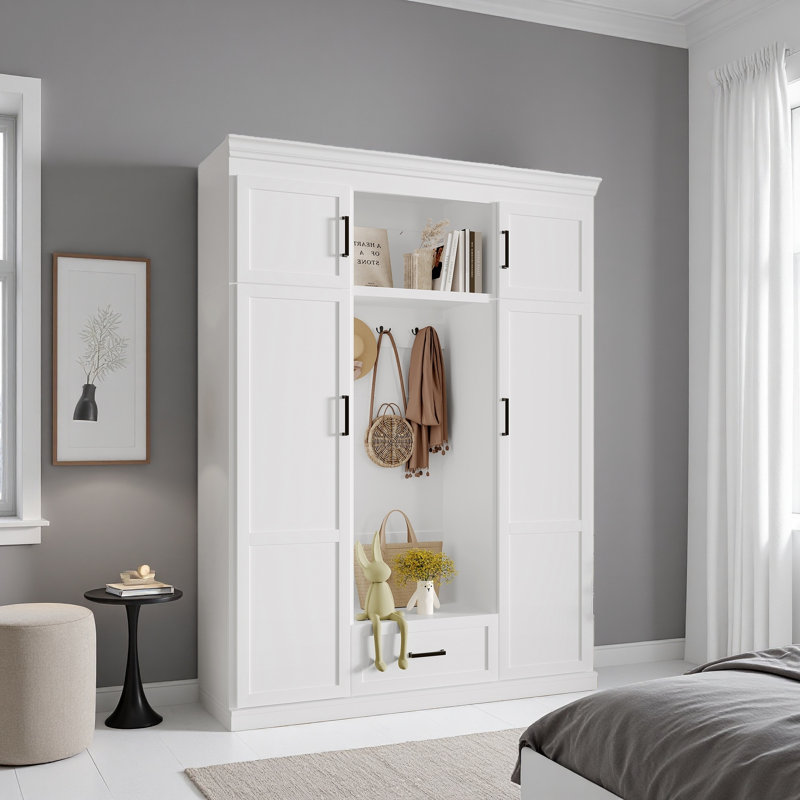 85.2''H Hall Tree With Bench And 3 Hooks, Modern Entryway Storage Organizer Cabinet With 4 Doors, 1 Drawer And Adjustable Shelves For Hallway