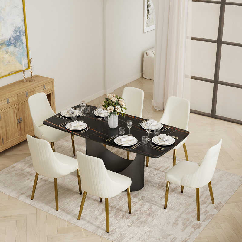 Ensemble de table de salle à manger Shivani pour 6 personnes en pierre frittée, Noir, noir, noir, noir, Pandora