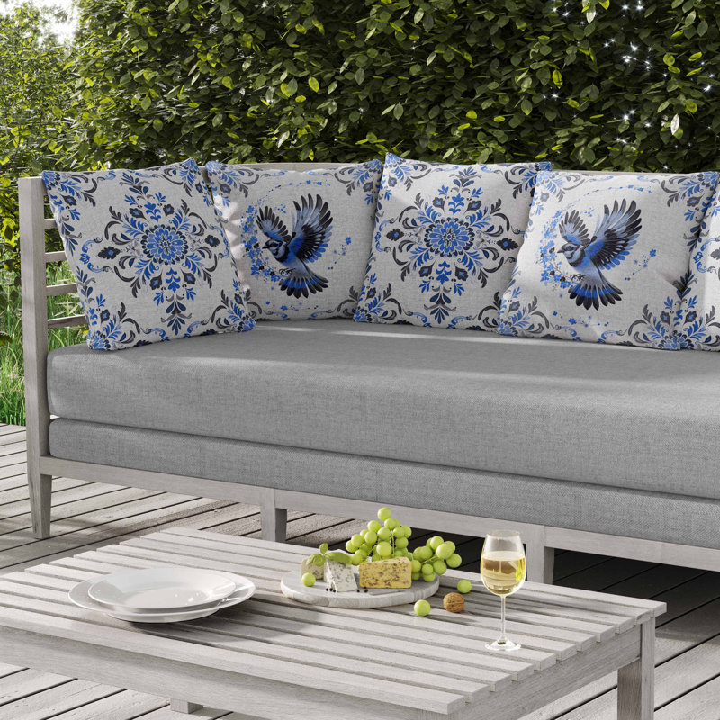 Coussin intérieur / extérieur Blaze Bird, Carré 16 po, Bleu / Noir