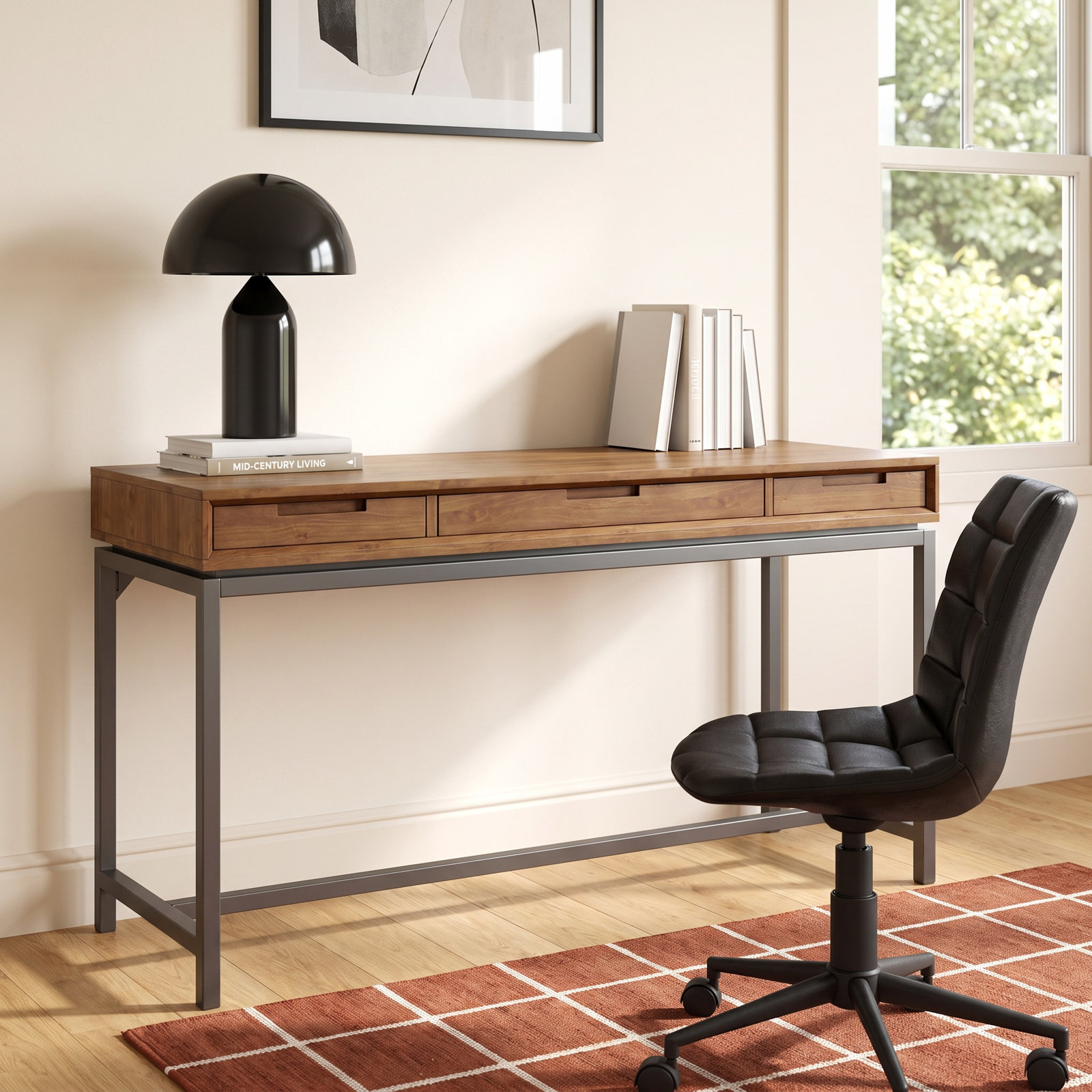Lars Writing Desk, Walnut Brown/Black, 31.50" H x 60" W x 24" D