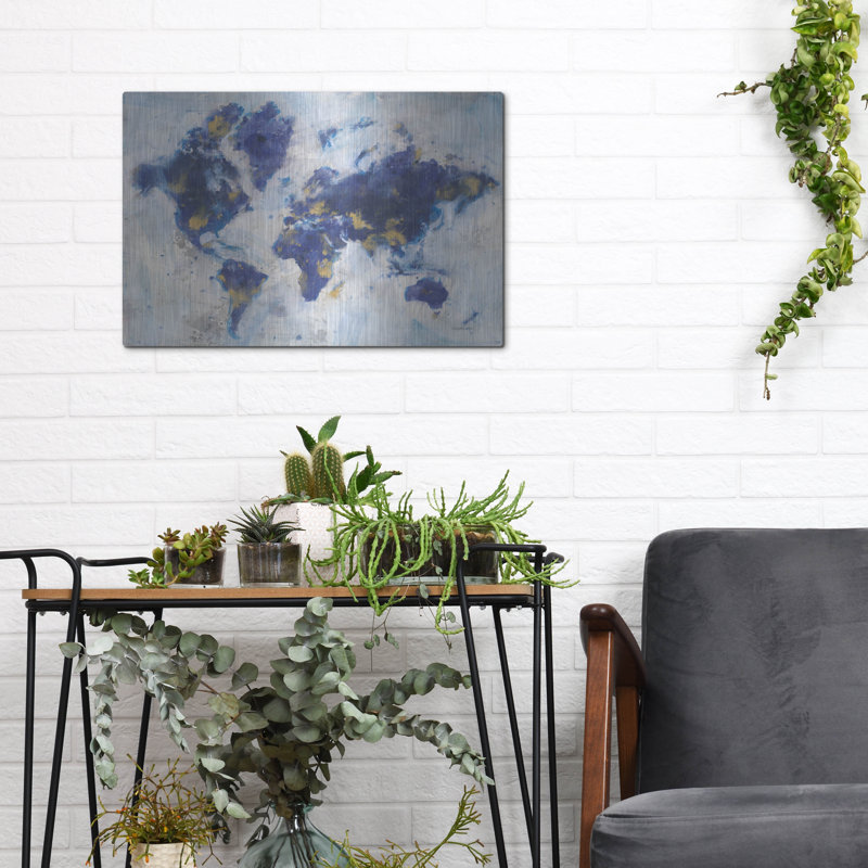 17 Stories 'Indigo World Map' by Danhui Nai Metal Wall Art, 12" H x 16" W