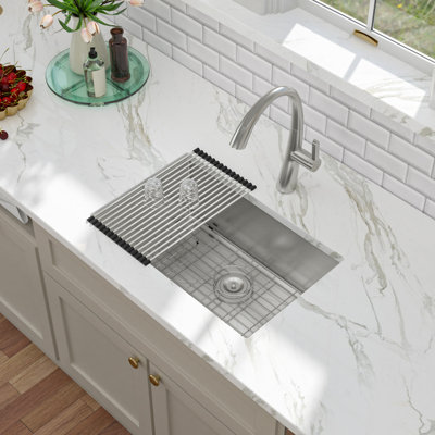 28"L X 18"W Undermount Stainless Steel Kitchen Sink with Bottom Grid, Strainer and Roll-up Rack
