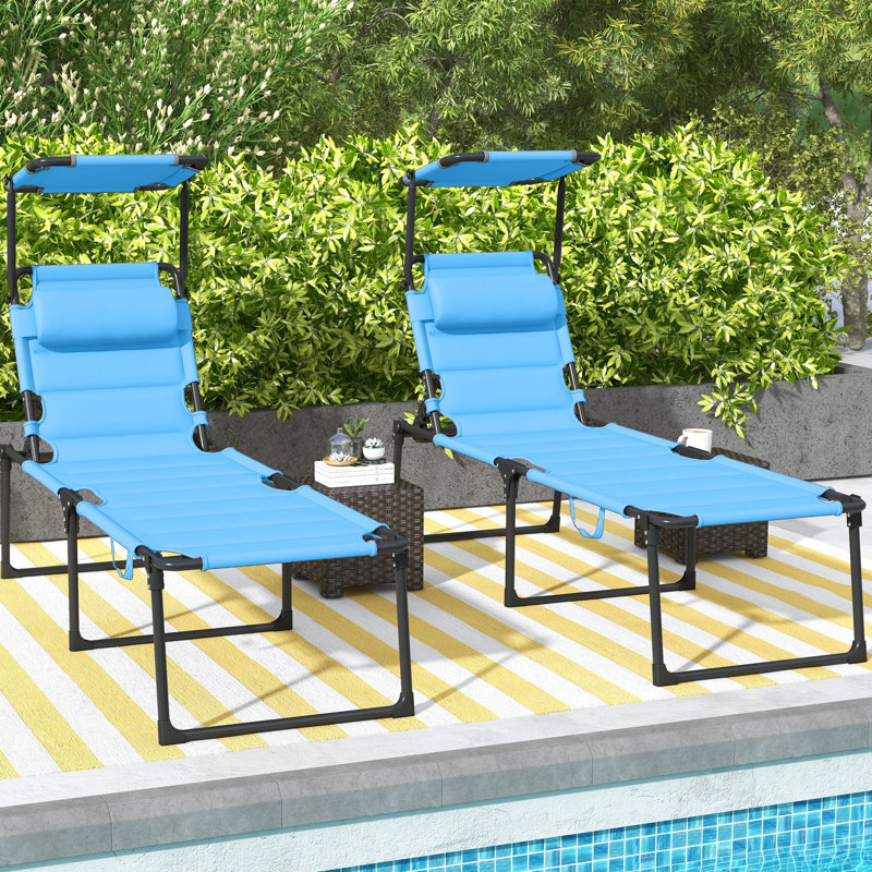 2 Pcs Adjustable Folding Lounge Chair, Sunshade Included And Pillow , Blue For Camping Trips Poolside Chair With , Outdoor