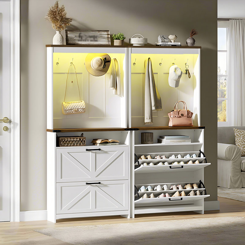 Farmhouse Shoe Cabinet with Coat Rack, Tall Shoe Cabinet with 2 Flip Drawers, Narrow Hidden Shoe Storage Cabinet, 2 in 1 Hall Tree Slim Freestanding Shoe Rack Organizer