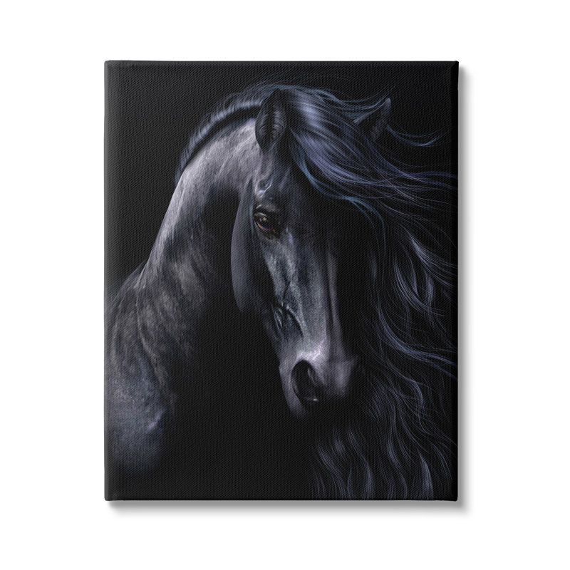 Az-063 - Portrait d'étalon noir encadré, Estampe numérique Farmhouse, H 20 po x l 16 po x P 1,5 po