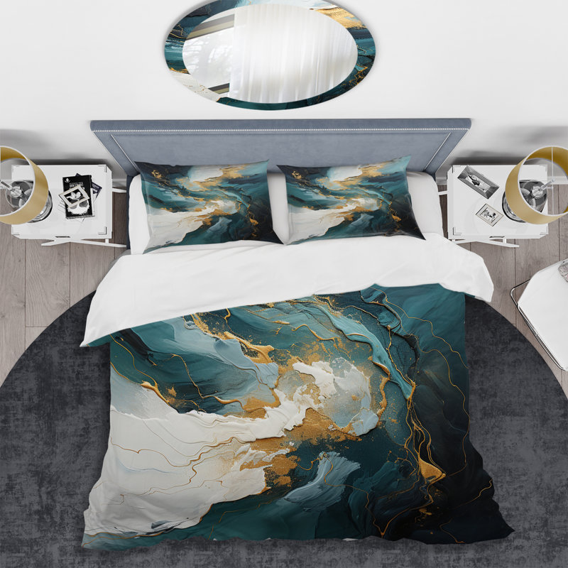 Ensemble de housse de couette abstrait et doré or et vert VI, Housse de couette pour très grand lit et 2 très 