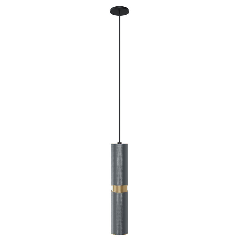 Luminaire suspendu cylindrique unique à 1 lumière, Gris clair moleté / accent laiton vieilli, H 13 po x l 3 po x P 3 po