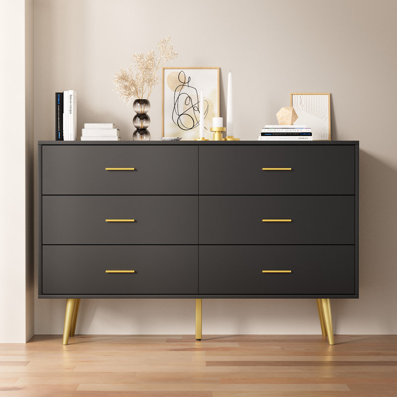 Commode de chambre à coucher double 6 tiroirs 47,25 "Kamily , Noir
