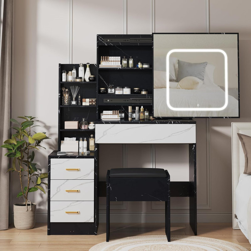 Bureau de coiffeuse avec miroir coulissant et lumières, ensemble de coiffeuse à maquillage avec 4 tiroirs, tabouret, prise de courant, tablettes ouvertes, 3 modes d'éclairage réglables en couleur, coiffeuse à maquillage pour la chambre à coucher
