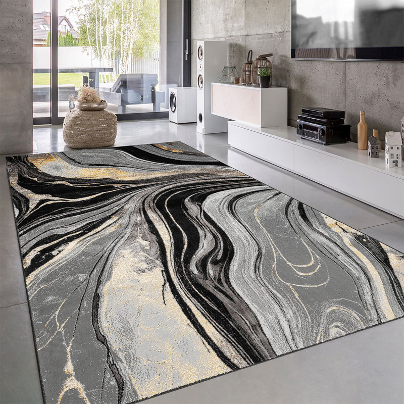 Modern Abstract Marble Area Rug – 100% Polyester Living Room Carpet, Antistatic, Soil & Water Repellent, Colourfast Indoor Rug