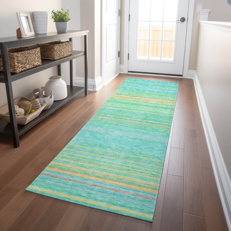 Aqua Synthetic Stripe Washable Indoor/Outdoor Runner Rug
