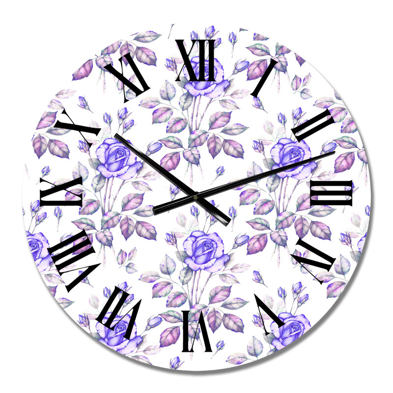 Horloge murale rétro à fleurs mauves sur fond blanc, Petit