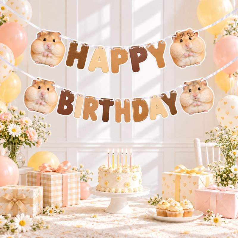 Squishy Style Hamster Birthday Banner, Chubby Cheek Happy Birthday Garland, Cardstock Pet Party Decor