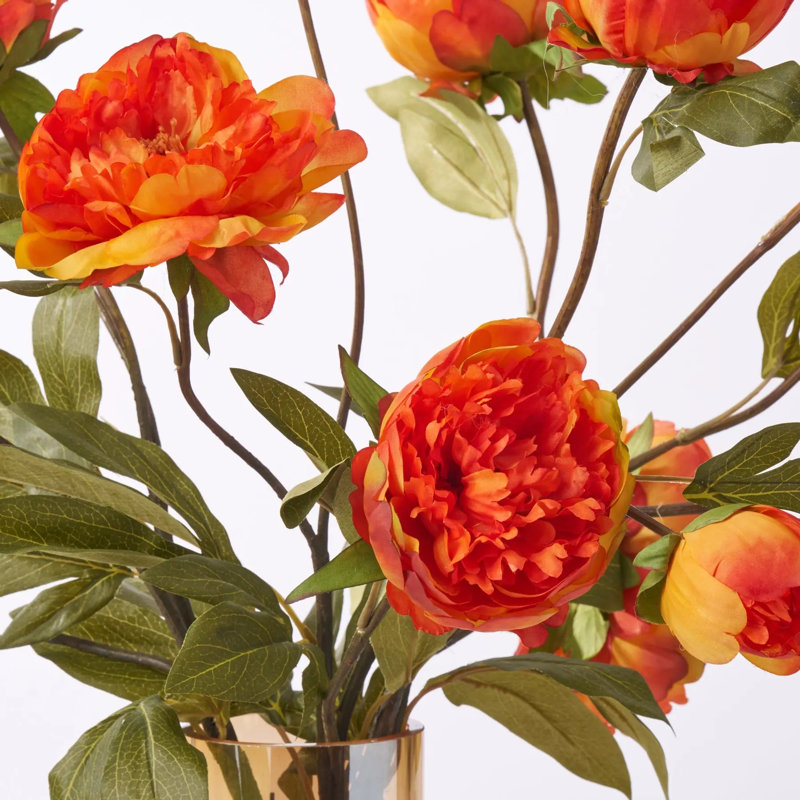 Lifelike Fall Orange Peony Blooms & Buds in Modern Amber Tone Large Everyday Faux Floral Water Illusion Arrangement
