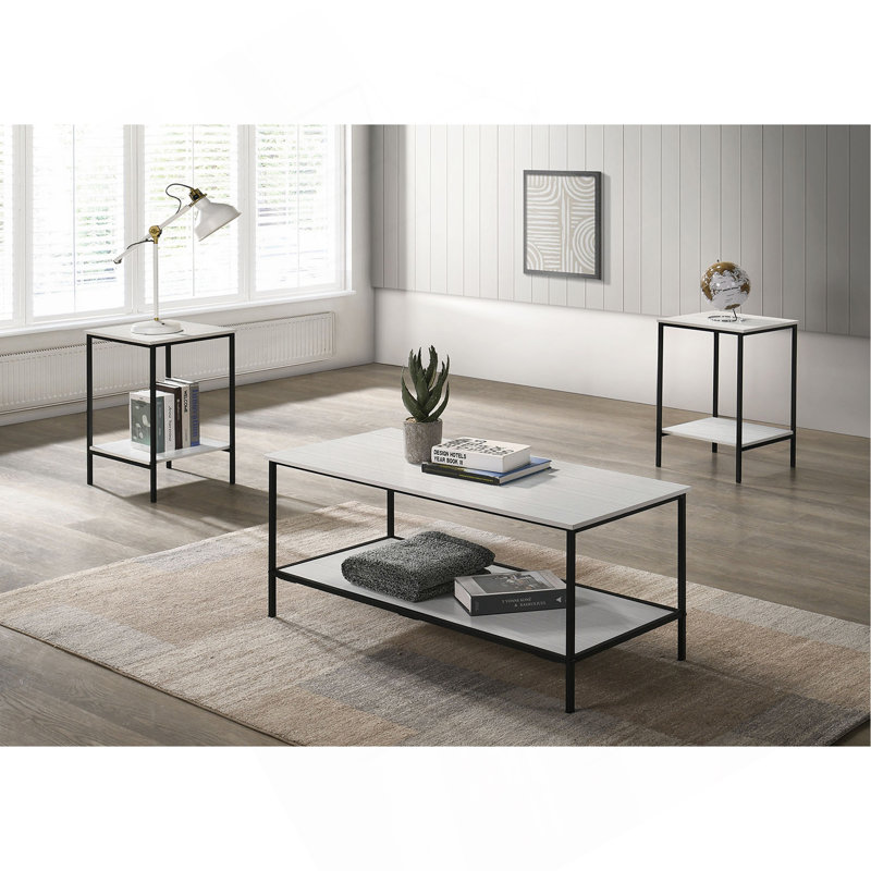 Ensemble de table 3 pièces de style rustique à finition blanche 1 table basse 2 tables de bout style minimaliste