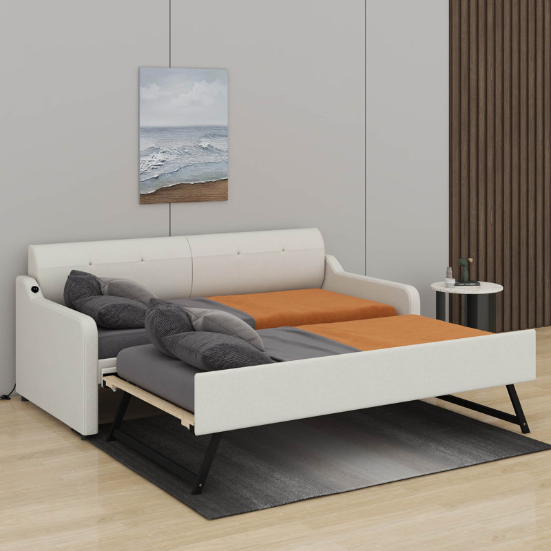 Lit de jour simple rembourré avec conception de chargement USB et lit gigogne, Beige