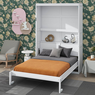 Lit escamotable double attaché au mur - Tablettes de rangement incluses
