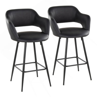 Margarite 26" Contemporary Fixed-Height Counter Stool In Black Metal And Black Faux Leather With Square Black Metal Footrest By Lumisource - Set Of 2