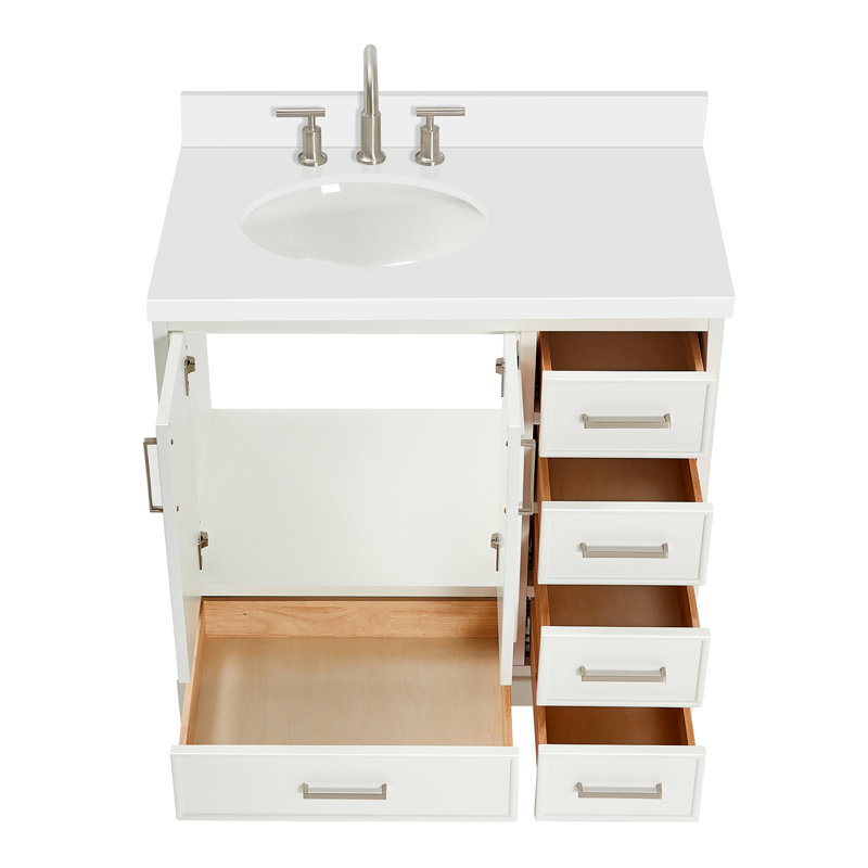 Meuble-lavabo sur pied simple 37 po avec plateau en quartz blanc Abshire, Blanc