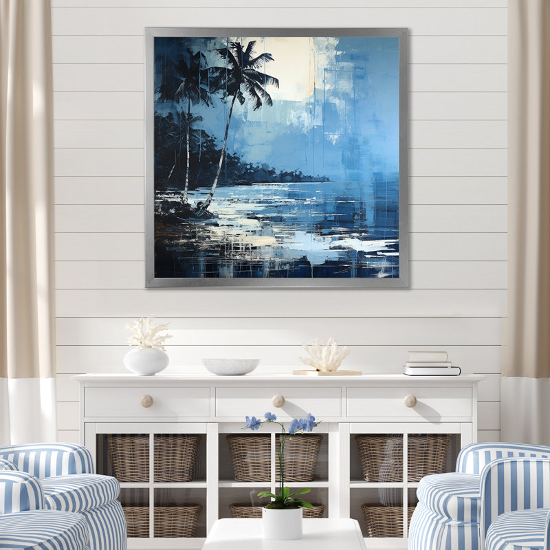 Impression sur toile de tropical tropical bleu et gris Palmtree III - Nautique et plage, Cadre simple argenté