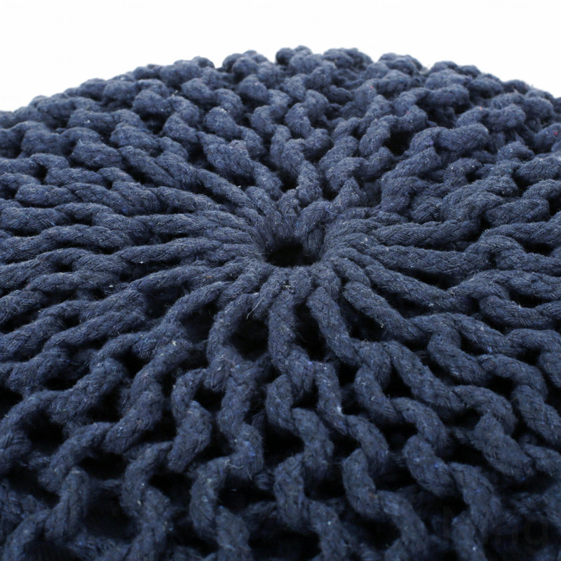 Cotton Upholstered Round Pouf Ottoman, Navy Blue