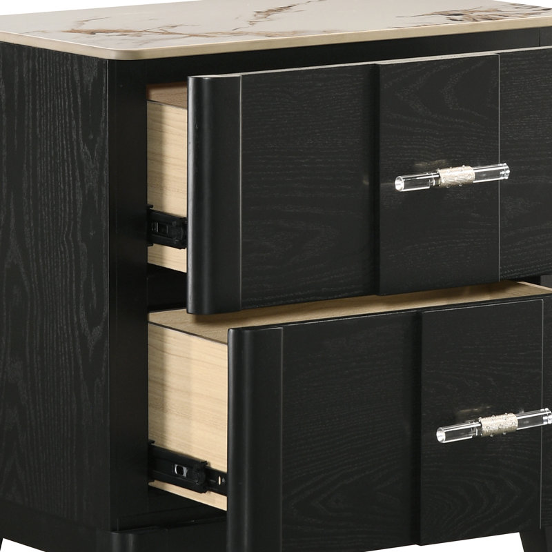 Vera Noir 2-Drawer Nightstand with Sintered Stone Pattern Top and Lucite-Style Pulls