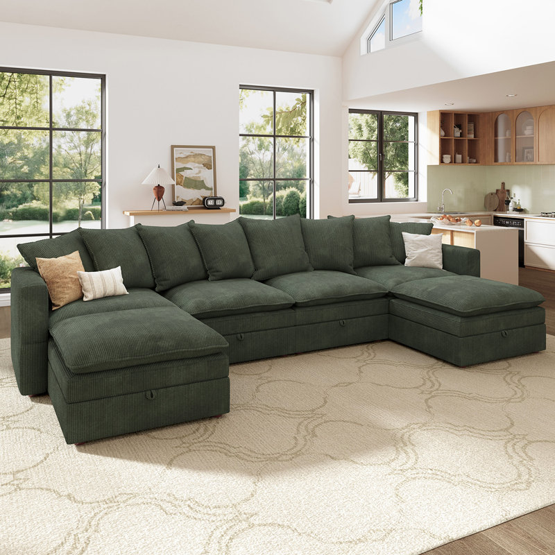 Wynter U-shaped Corduroy Modular Sectional Upholstered Storage Cloud Couch, Green Corduroy 