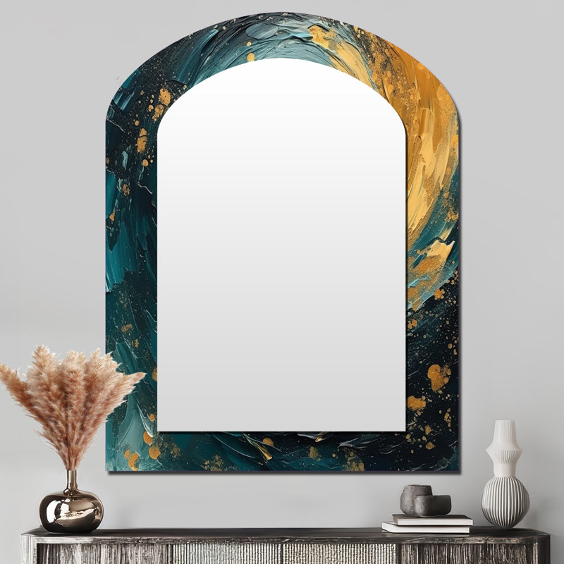 Golden Ocean Spiral Waves, peinture II - miroir décoratif en spirale abstraite, miroir mural asymétrique, 43 po x 33 po