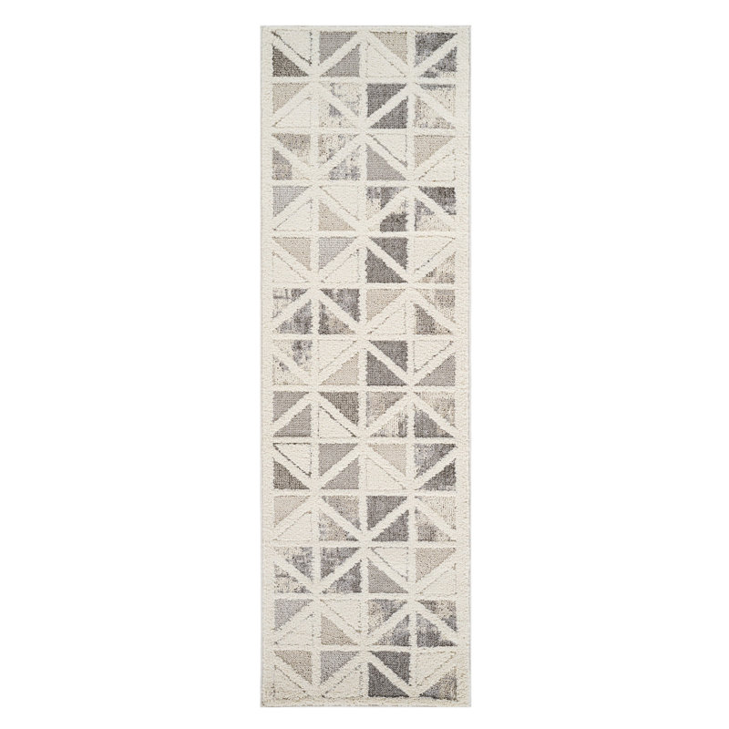 8' Gray And Cream Geometric Distressed Runner Rug