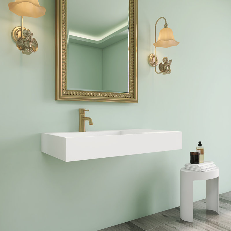  36 po x 18 po Lavabo vasque de salle de bain mural à surface solide avec trou de robinet et couvercle de drain, Right