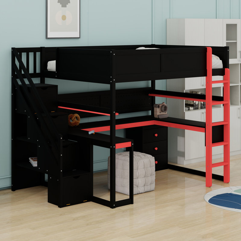 Lit mezzanine pour jouer avec escalier de rangement, bureau, tablettes et panneau perforé, Double, Black/Red