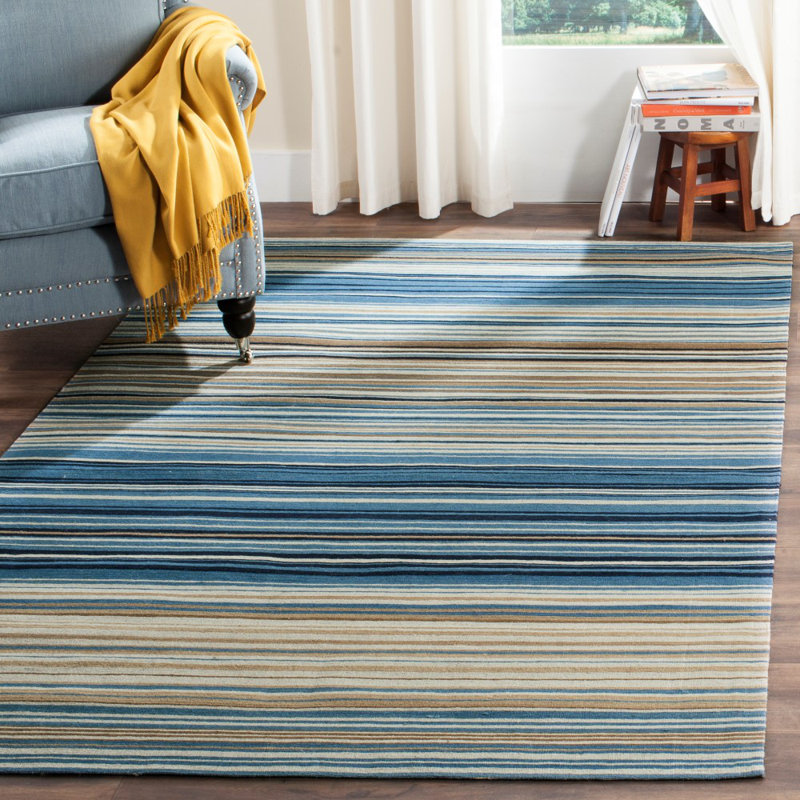 Howardwick Hand Loomed Wool/Cotton Striped Rug in Blue/Beige, Rectangle 2'3" x 4'