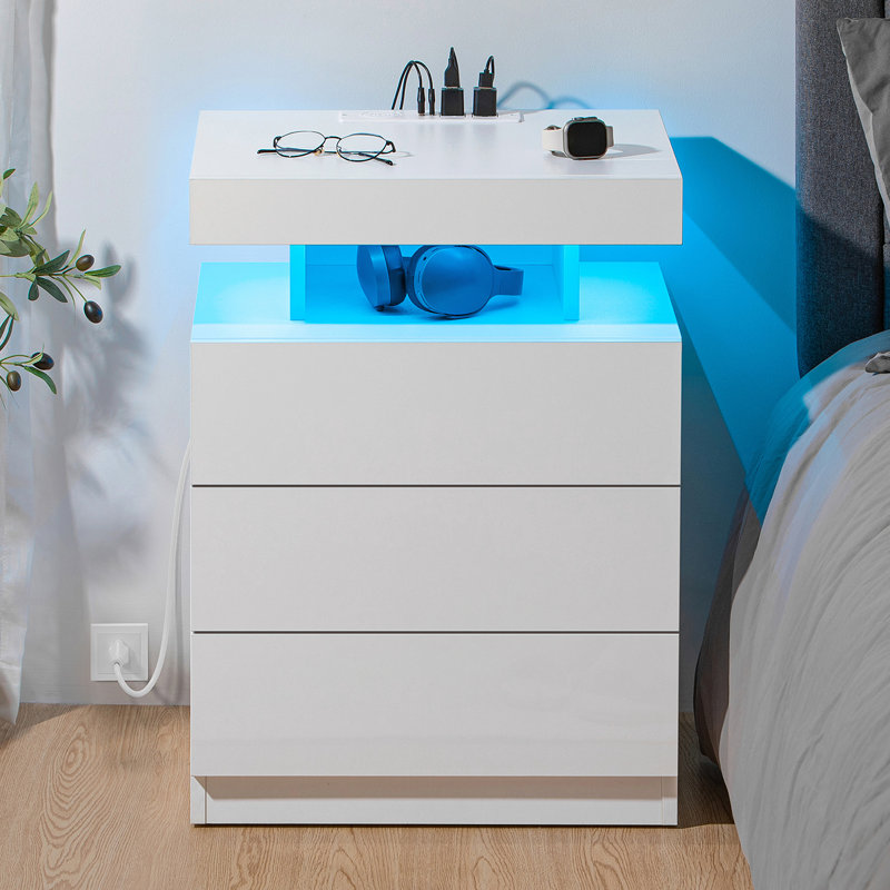 Gebelein Manufactured Wood Nightstand with Wireless Charging Station and LED Lights, White
