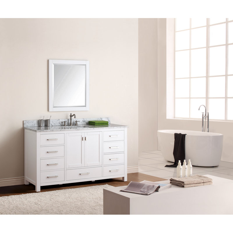 Meuble-lavabo simple 60 po avec plateau Souther, Marbre blanc de Carrare, Gris givré, Nickel brossé