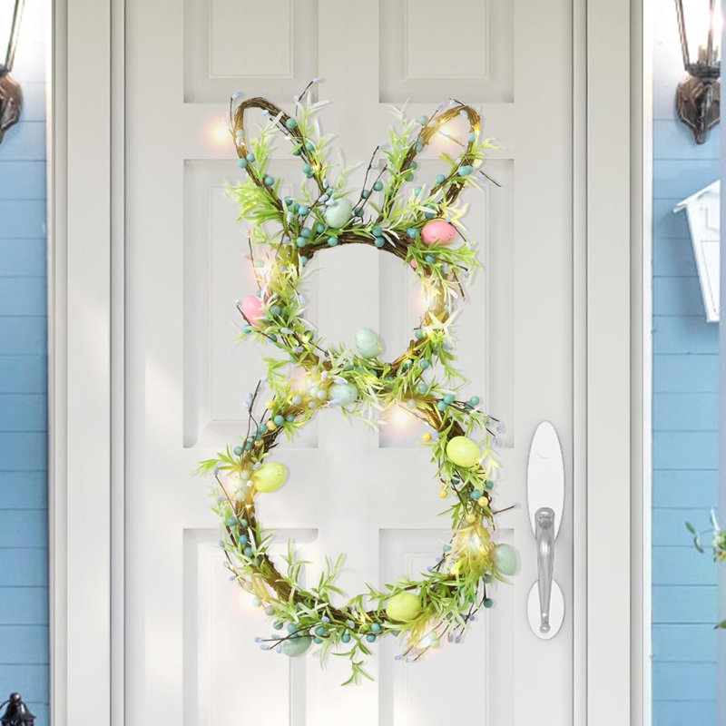 [Minuteur] Couronne de lapin de Pâques pour la porte d'entrée, couronnes de Pâques éclairées avec 30 lumières DEL chaudes, couronnes de lapin pliables, couronne d'œufs de Pâques pré-éclairée pour la décoration printanière