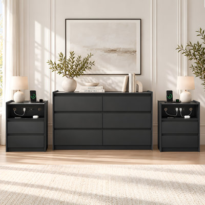 Ensemble de meubles de chambre à coucher modernes 3 pièces avec commode à 6 tiroirs et 2 tables de chevet avec stations de recharge