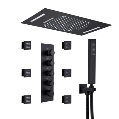 Rodeo 23"Lx15"W Flush Mounted LED Bluetooth Music Thermostatic Complete Shower System with 6 Body Jets