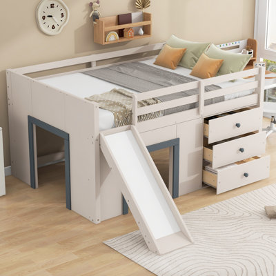 Full-Size Low Loft Bed with Slide, 3 Storage Drawers & 2 Cabinets, Beige Grey by Latitude Run