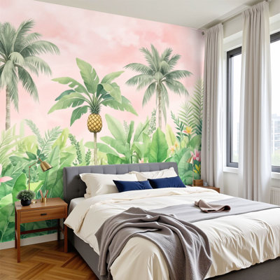 Peel and Stick papier peint palmier tropical jungle bananier plantes ananas rose rétro décorations murales murales H 100 po x l 144 po amovible en papier adhésif mural en PVC pour le salon de la chambre bureau à domicile