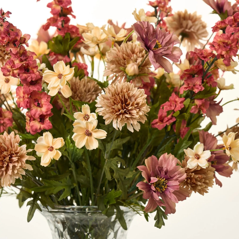 Autumn Wildflower Bouquet - Rust Larkspur, Cafe Au Latte, Pom Pom & Mauve Cosmos in Glass Urn Water Illusion Arrangement